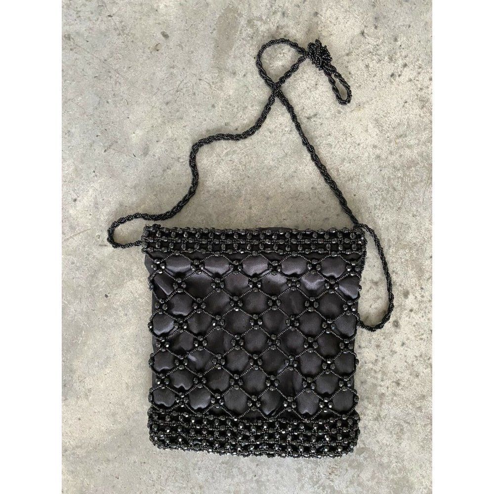 Black Satin Beaded Shoulder Bag Purse 10” x 8”